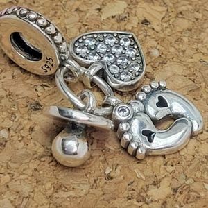 S925 Sterling Silver Mothers Day Pacifier Crystal Heart Baby Foot European Charm